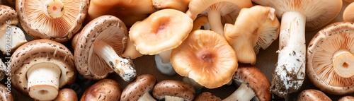 freshly harvested organic brown and white mushrooms close-up with delicate texture and natural light - perfect for culinary and food photography, vegan and vegetarian recipes, grocery and market adver photo