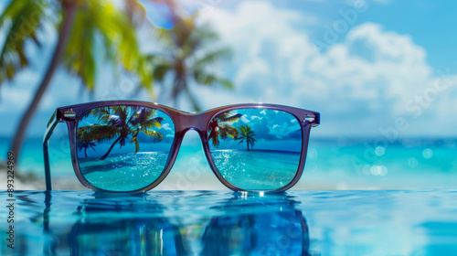 mirrored sunglasses on the beach with tropical palms against the sea view during the sunset