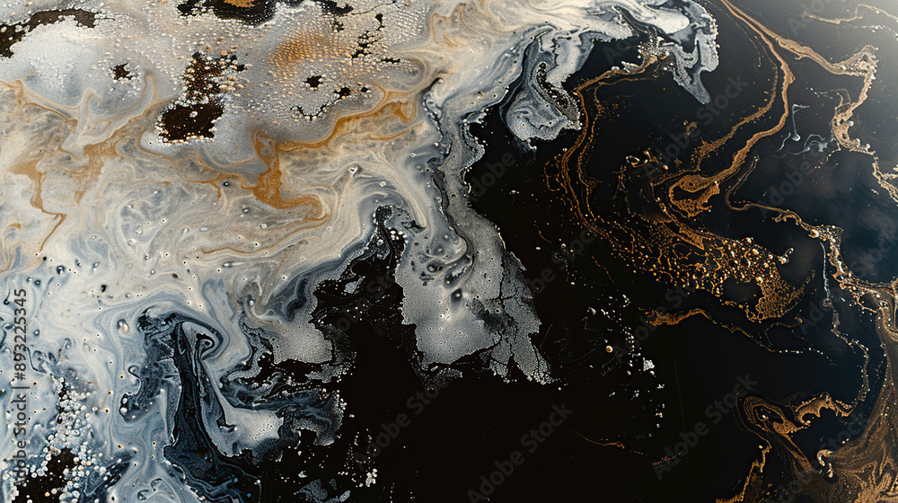Obraz premium Aerial view of an oil puddle with visible swirls and black liquid on the surface