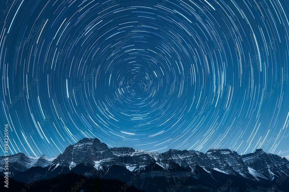 Fototapeta premium The starry sky is full of circular long exposures, with star trails visible in the night sky over mountains. A long time exposure photo captures stars spinning around the North Star Polaris, creating 