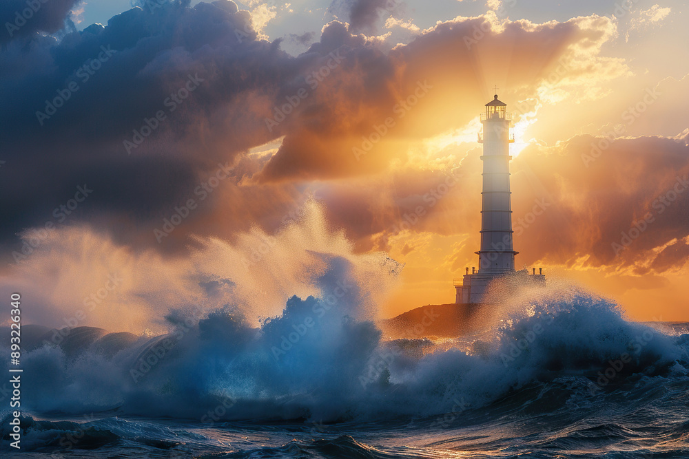 Generative ai on theme of large retro lighthouse with beam of bright light shining out to blue sea Generative ai on theme of large retro lighthouse with beam of bright light shining out to blue sea