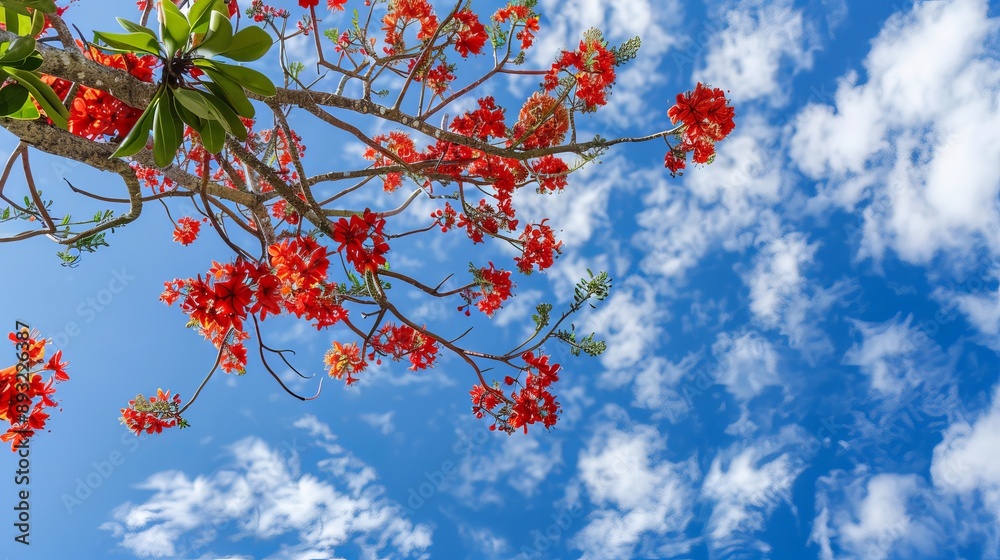 Red flowers of the Brachychiton acerifolius, or Illawarra Flame Tree, in full bloom against a sky background. Red flowers of the Brachychiton acerifolius, or Illawarra Flame Tree, in full bloom against a sky background.