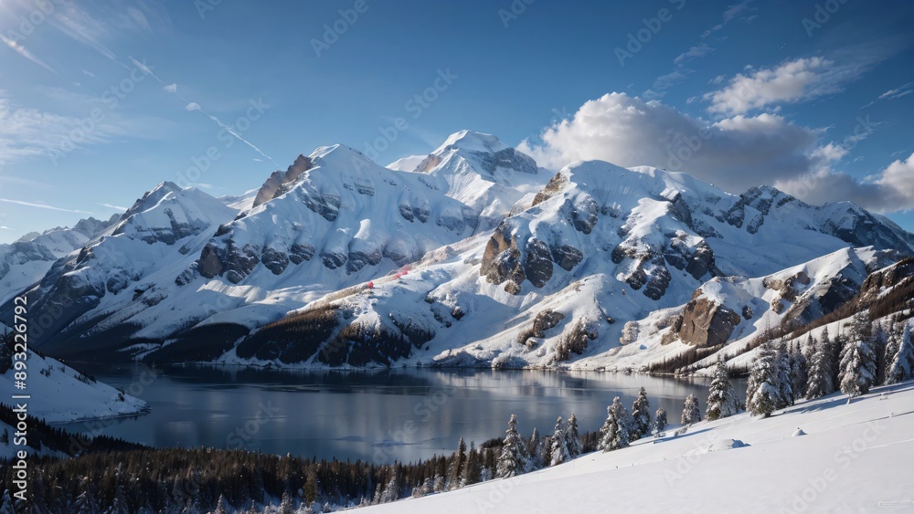 Fototapeta premium snowy mountain scenery and lakes in snowy places