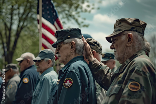 Group of veterans of different generations gathered around a flagpole, saluting the flag. Memorial day 