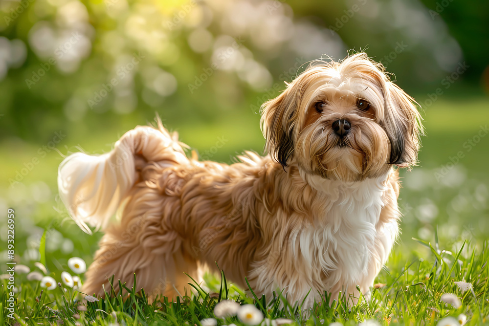 long haired Havanese dog walking on green grass in late summer on blurred background long haired Havanese dog walking on green grass in late summer on blurred background
