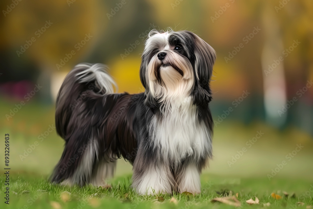 long haired Havanese dog walking on green grass in late summer on blurred background long haired Havanese dog walking on green grass in late summer on blurred background