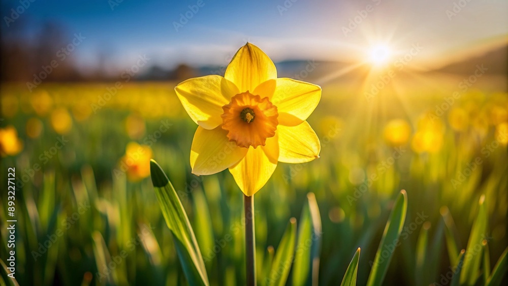 Obraz premium A single yellow daffodil at the end of a thin green stem, with a background of a sunlit field.