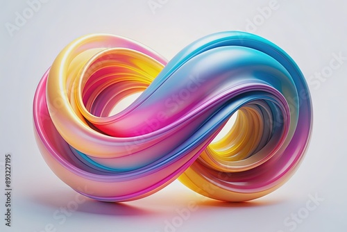 Vibrant twisted abstract shape with swirling curves and vibrant colors including pink, blue, and yellow on a clean white background with subtle gradient effect.