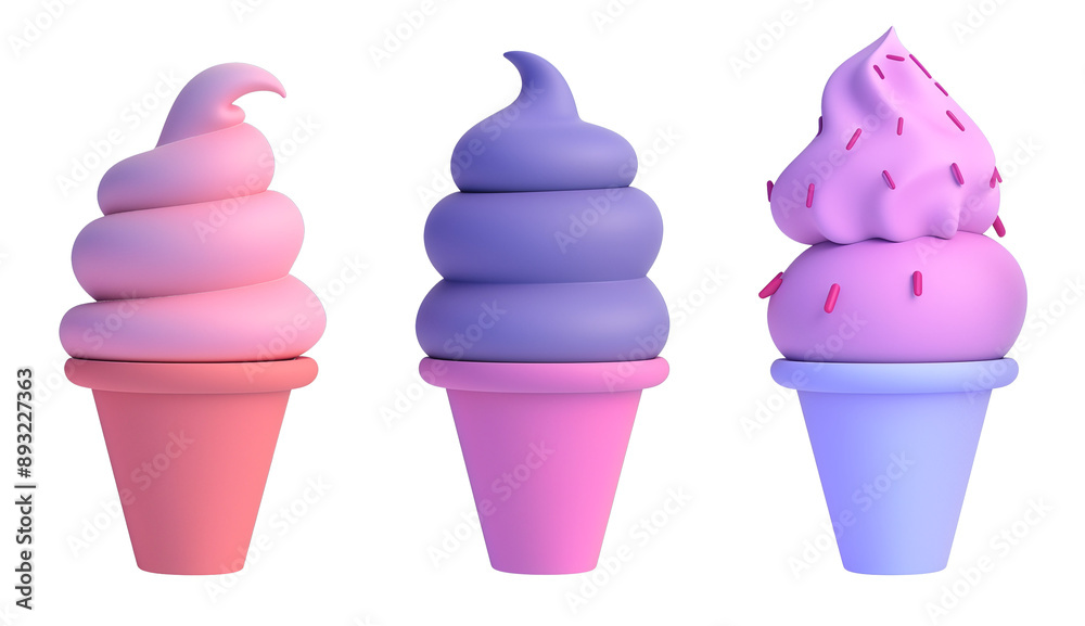 Set of 3D cartoon ice cream desserts, Colorful soft serve cones with creamy swirls and sprinkles, Series of frozen treats isolated on transparent Set of 3D cartoon ice cream desserts, Colorful soft serve cones with creamy swirls and sprinkles, Series of frozen treats isolated on transparent