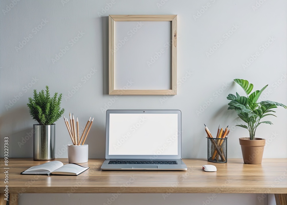 Empty modern minimalist desk with a large blank framed display, laptop, pencils, and a notebook, perfect for showcasing your creative project or design. Empty modern minimalist desk with a large blank framed display, laptop, pencils, and a notebook, perfect for showcasing your creative project or design.