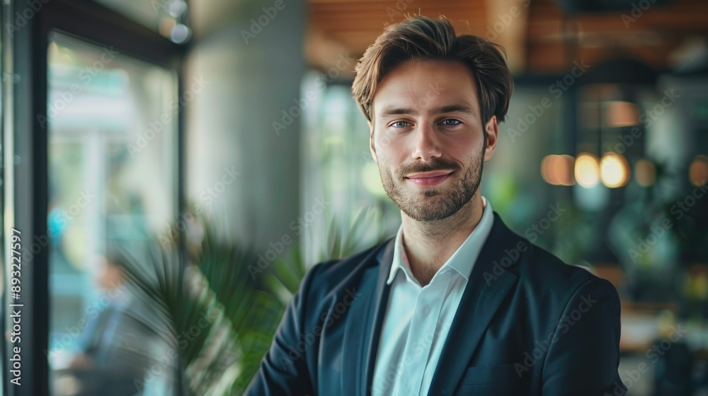 Professional portrait with soft natural light and blurred office background