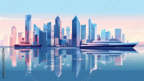 A flat design style illustration of urban buildings with reflections on the water and a boat, creating a modern and serene cityscape backdrop