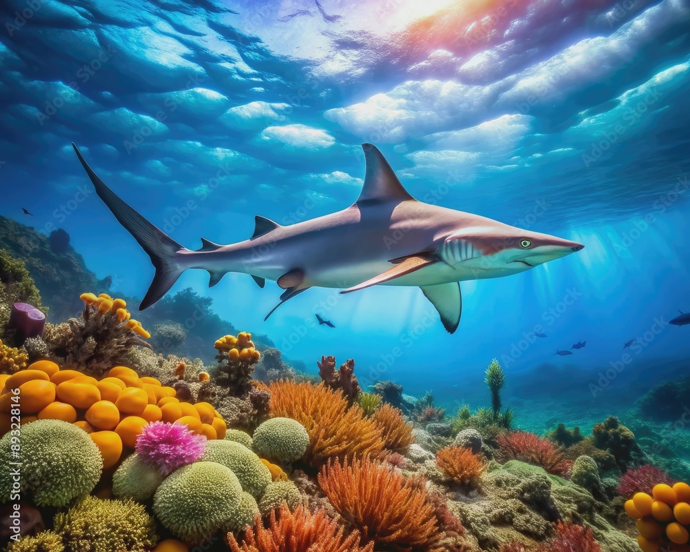 Naklejka premium A majestic hammerhead shark swims alone near a vibrant coral reef, its unmistakable shape contrasted against the serene, transparent blue ocean water.