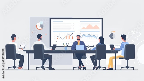 A startup team presenting their business plan on a large screen in a sleek conference room, with investors attentively listening and taking notes, emphasizing strategy and planning