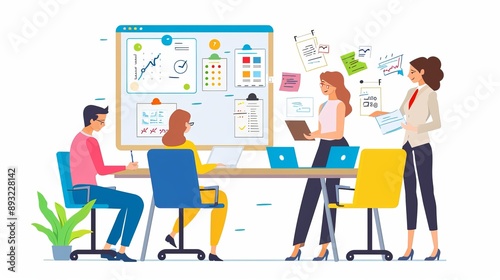 A team meeting with a boss leading the discussion, employees taking notes in their notebooks, a whiteboard filled with plans and schedules, and everyone dressed in business attire