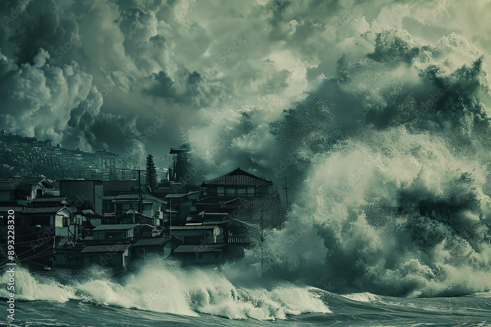 Fototapeta premium Generative ai on theme of a scary tsunami with huge foamy wave, apocalyptic dramatic background