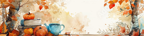 Autumn watercolor background with pumpkins, leaves and cup of coffee