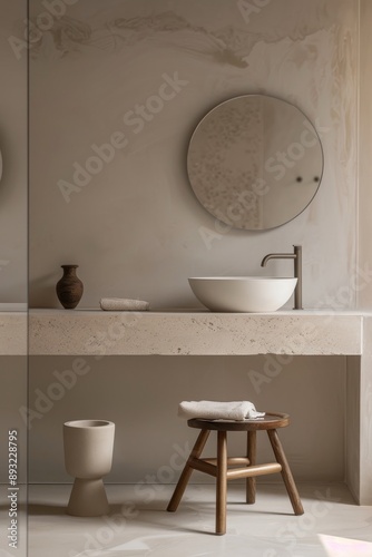 Bathroom interior with beige walls, tiled floor, round mirror and wooden stool.