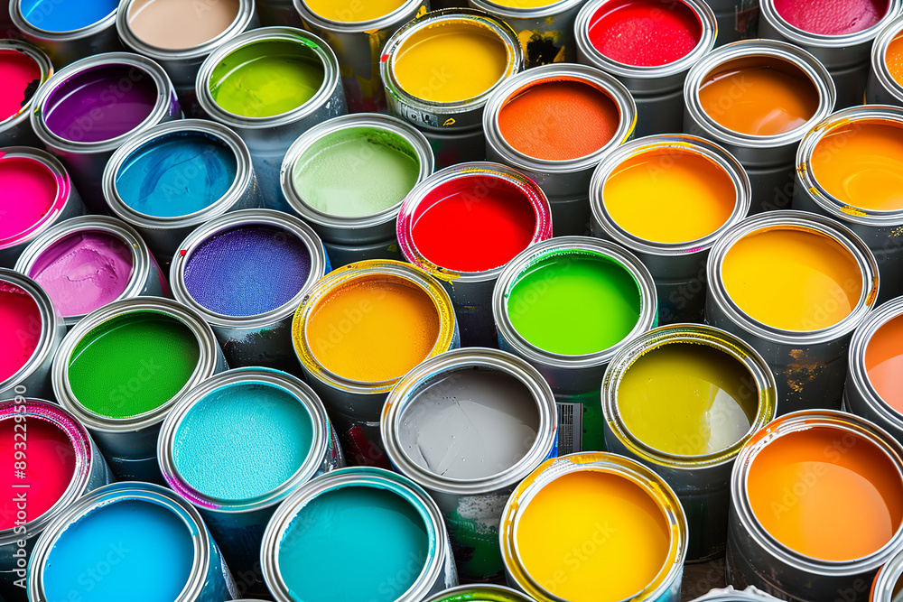 Many paint colors in a cans, open cans of paint of different colors, a varied color palette. Open cans of paint in many colors, representing diversity and choice Many paint colors in a cans, open cans of paint of different colors, a varied color palette. Open cans of paint in many colors, representing diversity and choice