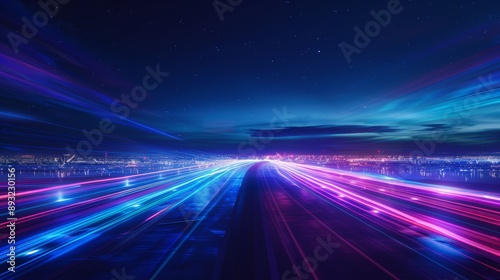 Abstract background with blue and purple lights on the right side of the image. Abstract blue background with speed light effect and glowing road lines in the dark night sky. © ศิริชาติ ชุมพล
