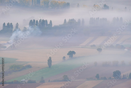 Meadow with mist in Gubbio, Umbria, Italy