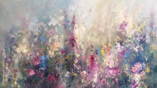 An abstract oil painting in pointillist style featuring a colorful floral background, highlighting artistic and vibrant elements