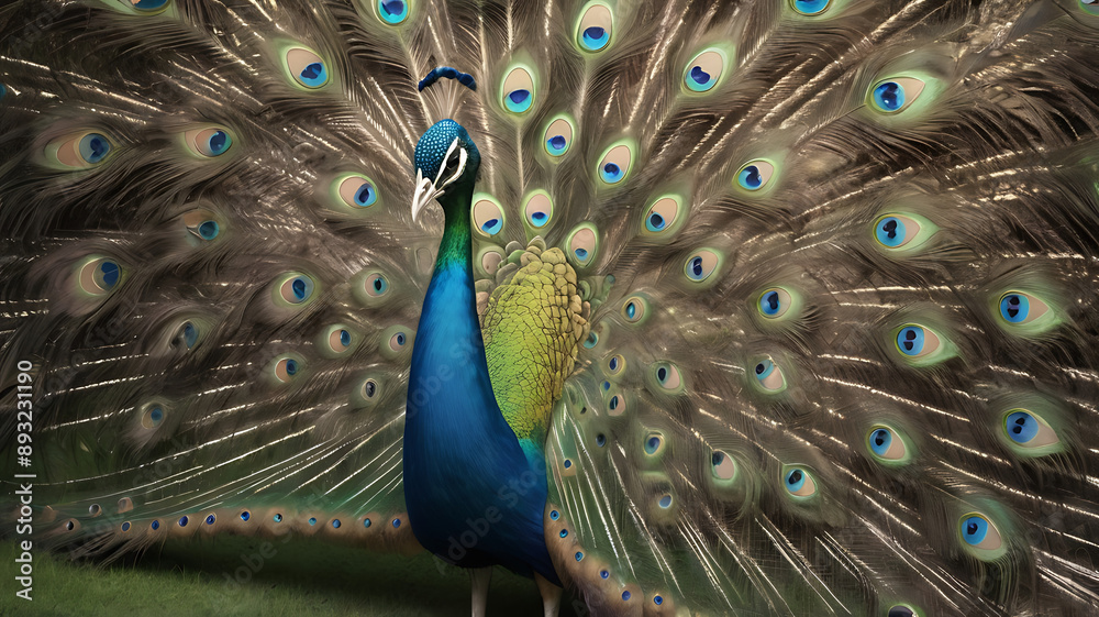 Obraz premium A peacock with its feathers fanned out, symbolizing beauty and confidence.