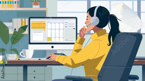 An office worker multitasking at their desk, typing on a computer while talking on a headset, a calendar and schedule in view, and a cup of coffee within reach
