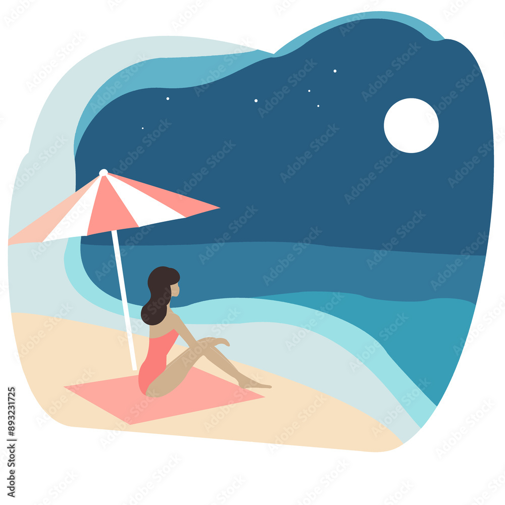 woman sitting on the beach on a summer night and looking at the blue sea and sky woman sitting on the beach on a summer night and looking at the blue sea and sky