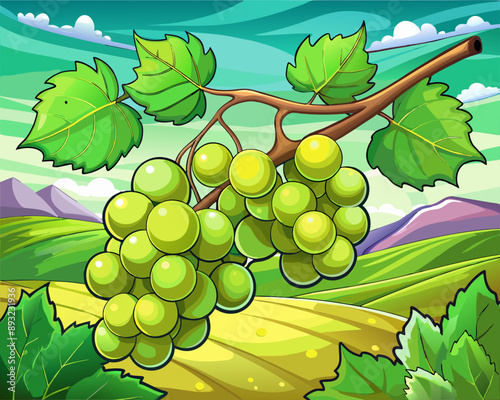 illustration Vector of green grapes on a branch with leaves, green farm field background, hand drawn vegetabes and fruit cartoon photo