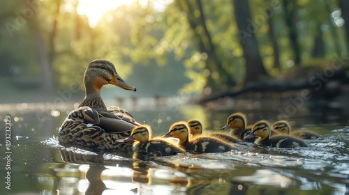 A mother duck leading her ducklings across a serene forest pond at sunrise capturing the beauty of wildlife and nature's tranquility.