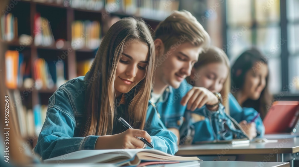 Young students studying in classroom writing reading books at table Caucasian female and male blonde hair in denim shirt Young students studying in classroom writing reading books at table Caucasian female and male blonde hair in denim shirt