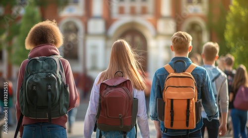 Young teenagers with backpack walking towards school building shot from the back sunny day blonde hair Caucasian male female