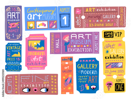 Cartoon Color Art Gallery Museum Exhibition Retro Tickets Set Concept Flat Design Style. Vector illustration of Admits