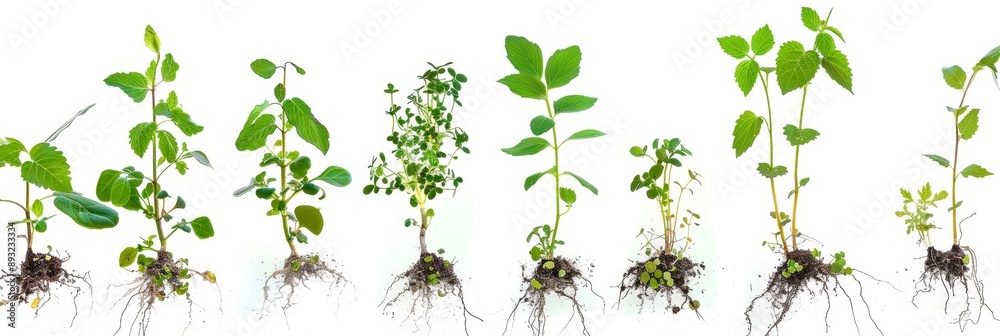 Fototapeta premium Fresh green plants with roots isolated, sprout side view, new young soybean plants, seedlings on white