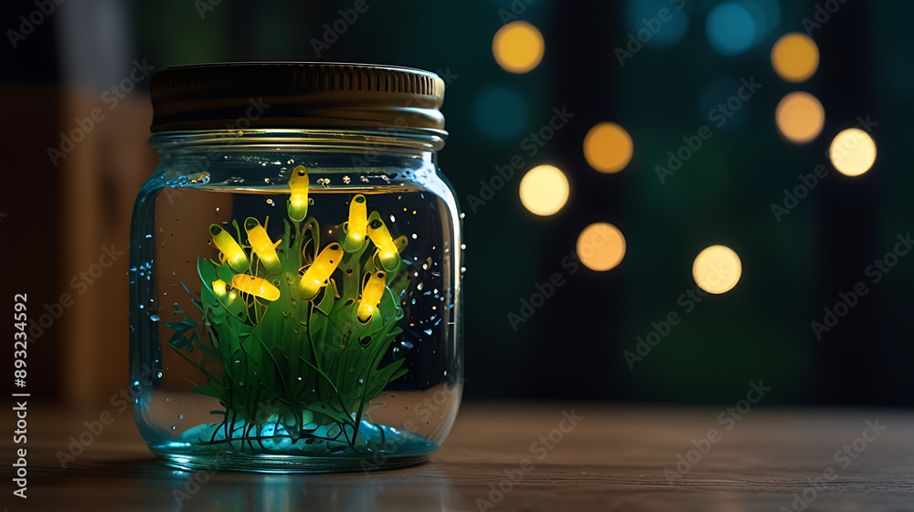 Fireflies glowing in a jar, symbolizing magic and wonder Fireflies glowing in a jar, symbolizing magic and wonder
