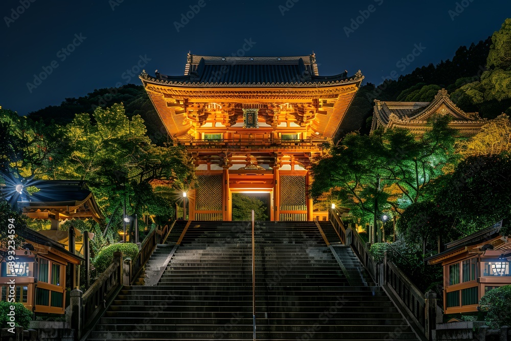 Obraz premium Photo of Kiyomelin Temple in Fushim, Japan at night with a golden door and stairs leading to the temple entrance, illuminated by lights, surrounded by trees, taken from the front with a wide angle vie