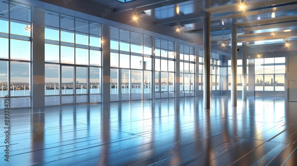 Dance hall featuring expansive windows, sleek flooring, and bright lighting Dance hall featuring expansive windows, sleek flooring, and bright lighting