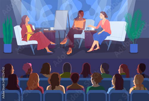 Cartoon Color Conference Stage Woman Speakers Group Scene Concept Flat Design Style. Vector illustration of Lecture or Presentation