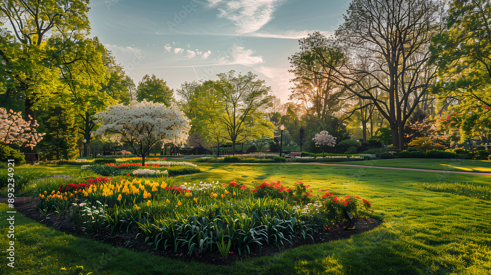 Obraz premium Picturesque Spring Park with Blooming Dogwood Trees and Colorful Flowerbeds