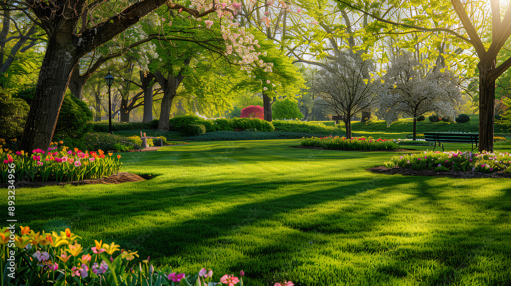 Naklejka premium Picturesque Spring Park with Blooming Dogwood Trees and Colorful Flowerbeds