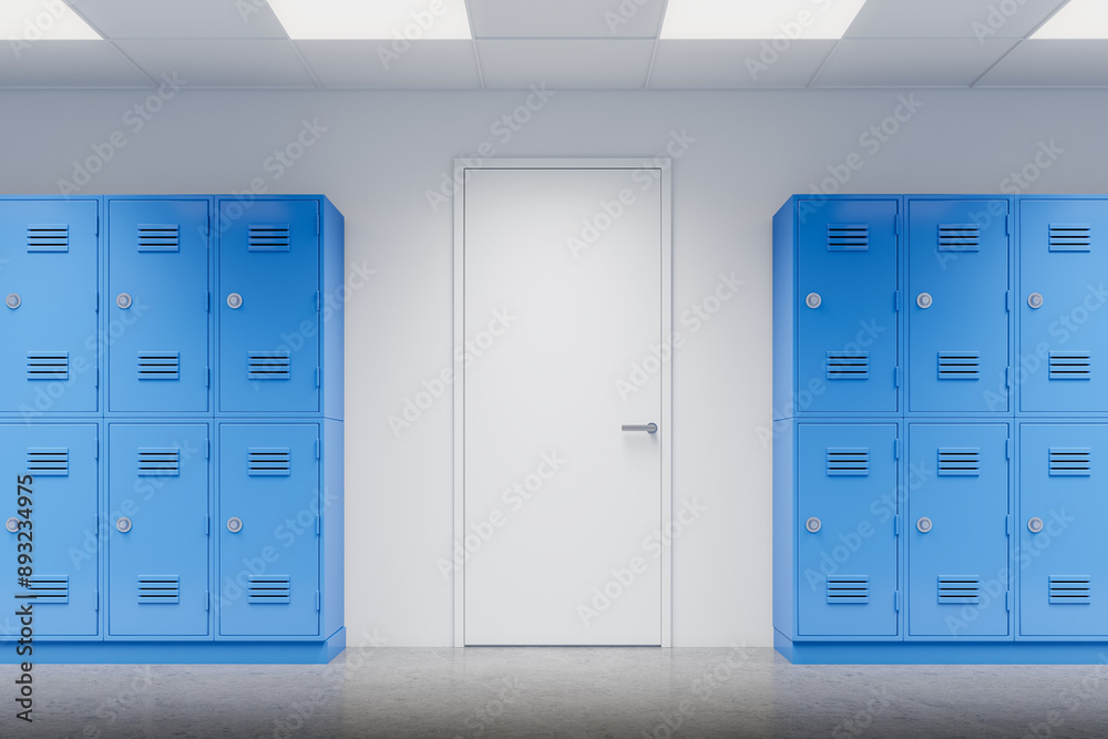 School hallway with blue lockers and white door in the center. 3D Rendering School hallway with blue lockers and white door in the center. 3D Rendering