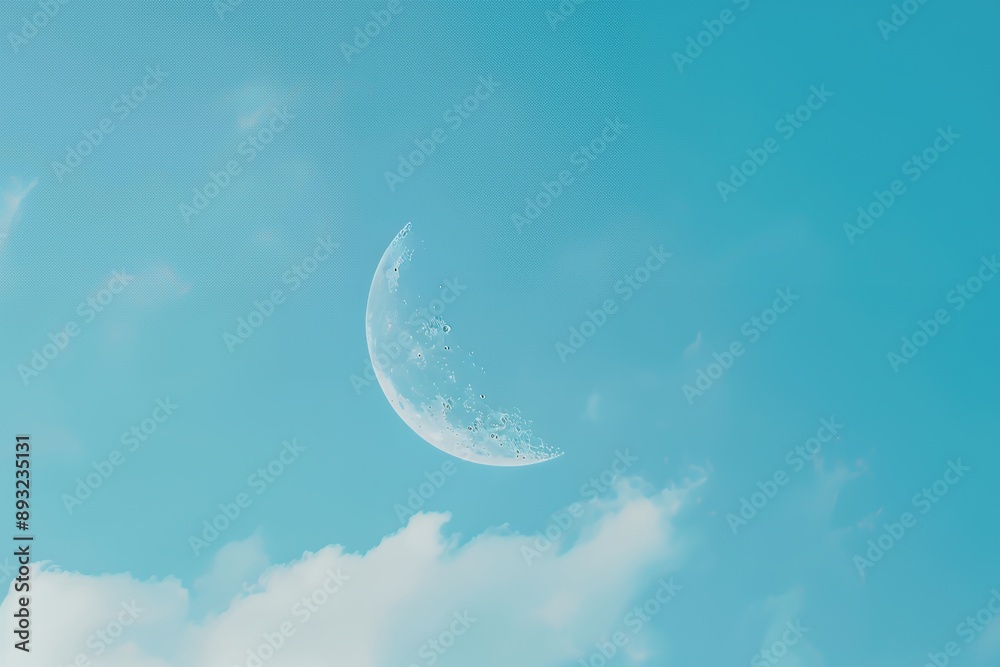 A photo of a crescent moon in a clear blue sky, simple and minimalistic. The stock photo has a simple composition with a feminine and sunny light background. A photo of a crescent moon in a clear blue sky, simple and minimalistic. The stock photo has a simple composition with a feminine and sunny light background.