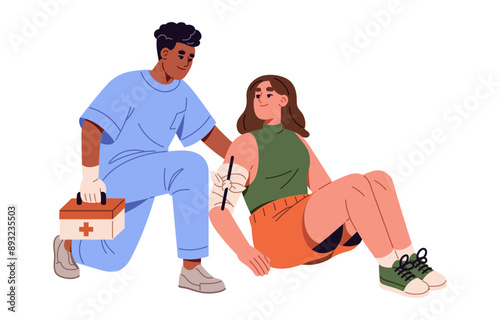 First aid in emergency accident. Doctor puts bandage on injury. Medic apply burn on hurt. Ambulance worker provides medical help, saves life. Flat isolated vector illustration on white background
