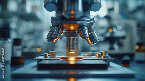 A Close up of a Microscope With a Bright Light Shining Through the Lens - Generative AI