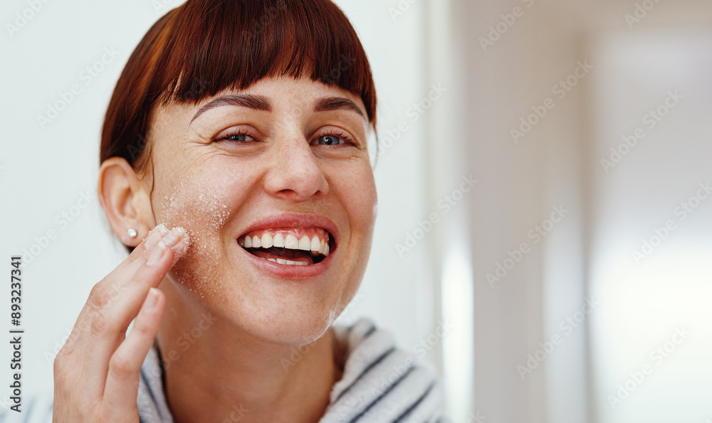Portrait, skincare and happy woman with salt scrub on face for beauty and exfoliation. Facial, spa treatment and laughing person in home to apply mask for natural cosmetics, dermatology and peeling Portrait, skincare and happy woman with salt scrub on face for beauty and exfoliation. Facial, spa treatment and laughing person in home to apply mask for natural cosmetics, dermatology and peeling