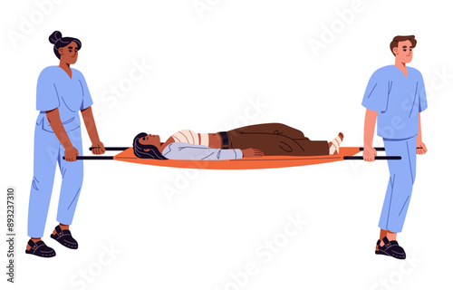 Emergency medics carry victim of accident. Nurses in uniform hold unconscious woman with bandages on stretchers. First aid, medical help. Flat isolated vector illustration on white background