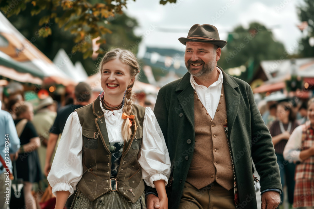 Fototapeta premium Smiling couple in traditional Bavarian attire walking at a lively outdoor festival with people in the background. Cultural celebration, Oktoberfest, traditional clothing, festive atmosphere concept.