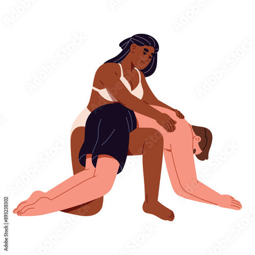 Sea guard does CPR in drowning. Woman does first aid, help in emergency. Person holds victim on knee, removes water from lungs. Life rescue. Flat isolated vector illustration on white background