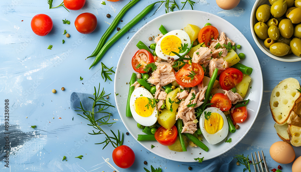 Nicoise salad with canned tuna, tomatoes, boiled eggs, green beans, potatoes and olives on white plate, blue table background, top view Nicoise salad with canned tuna, tomatoes, boiled eggs, green beans, potatoes and olives on white plate, blue table background, top view